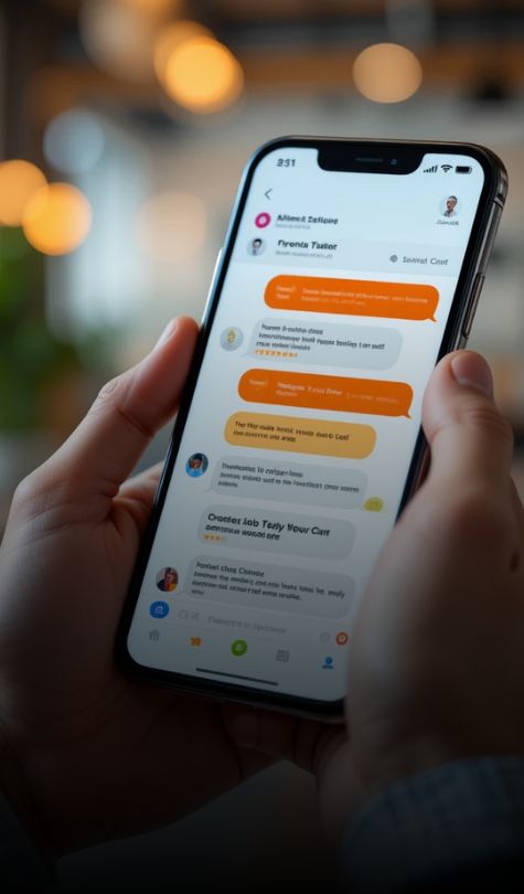 Mão segurando um celular com interface de chat