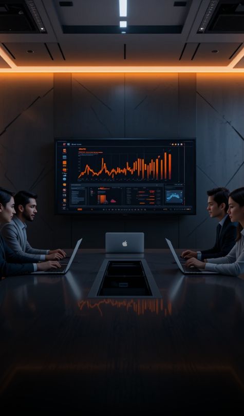 Pessoas em uma reunião em uma sala moderna com uma tela grande