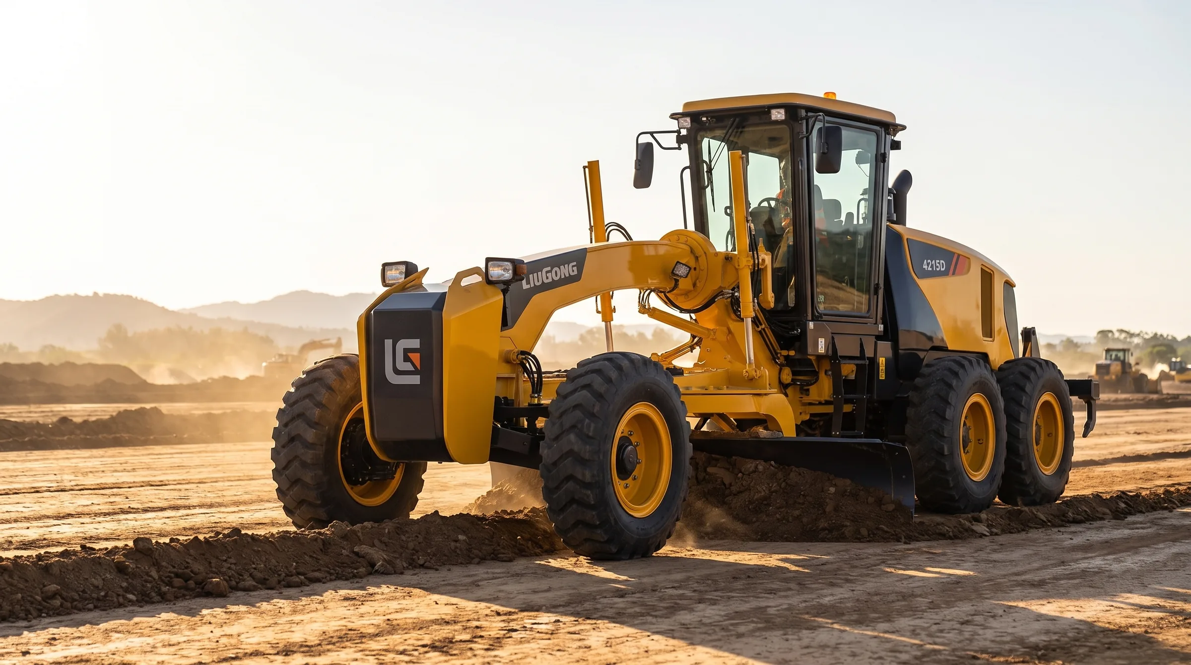 Motoniveladora LiuGong 4215D nivelando a pista de uma rodovia em construção