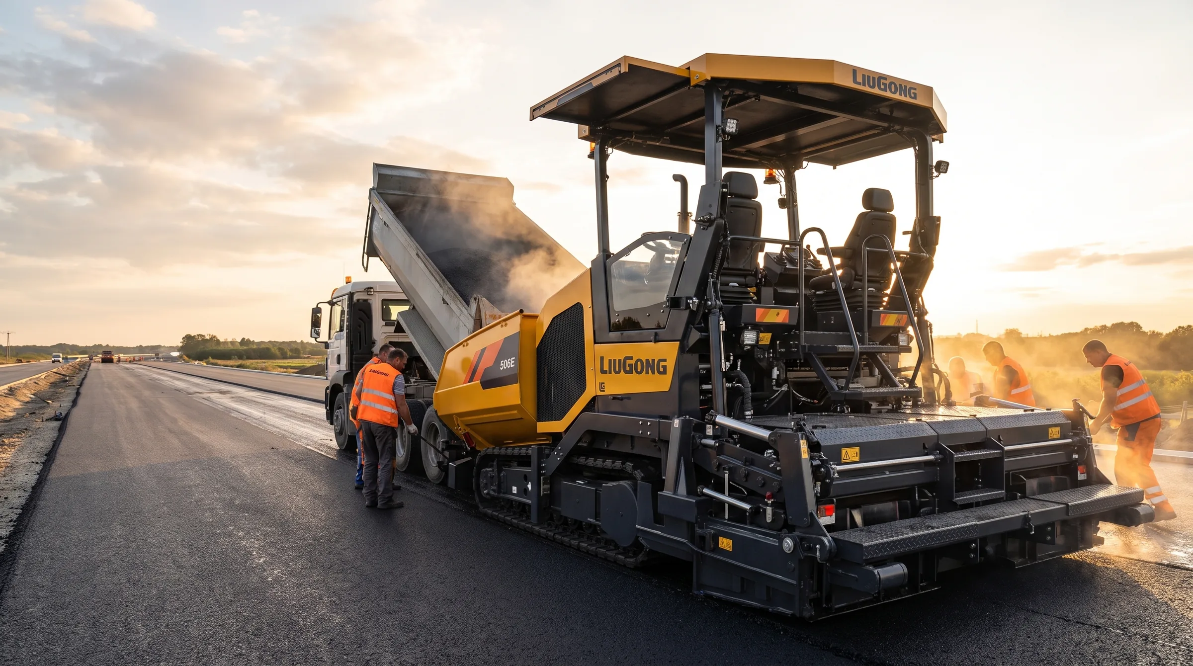 Pavimentadora de asfalto LiuGong 506E aplicando massa asfáltica quente em uma rodovia, alimentada por um caminhão caçamba