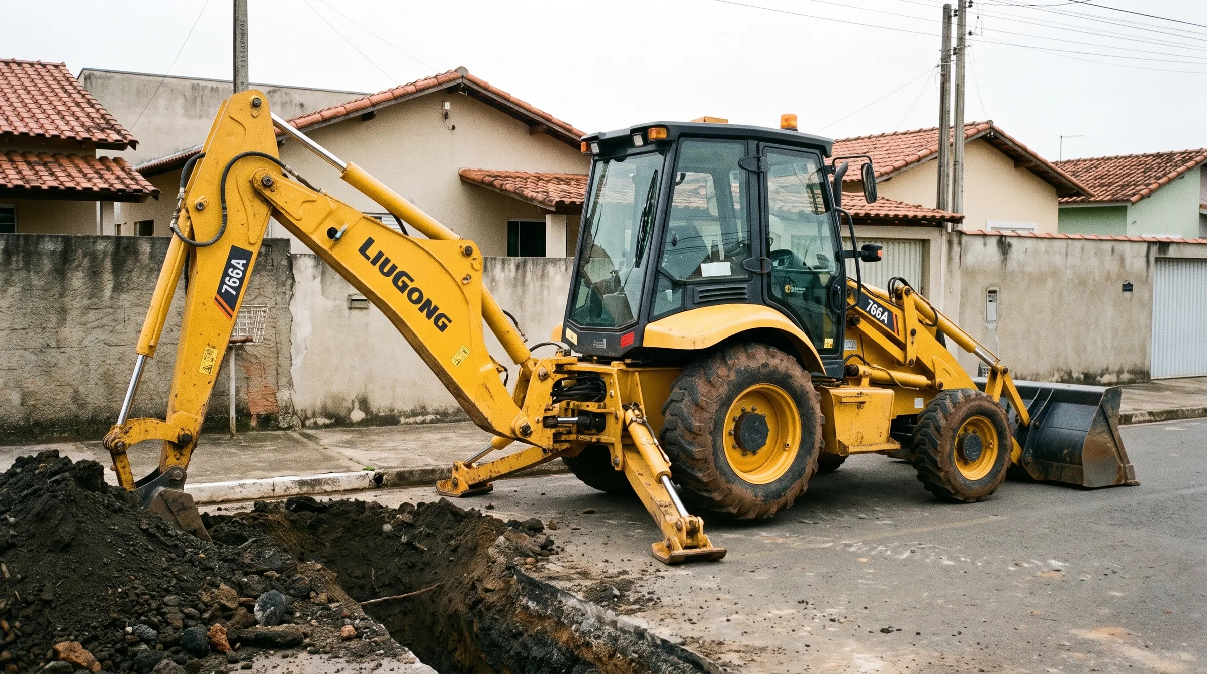 Retroescavadeira LiuGong 766A abrindo uma vala em obra de saneamento