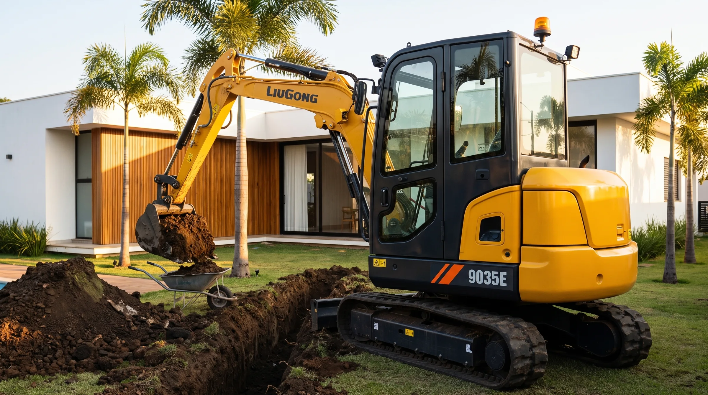 Mini escavadeira LiuGong 9035E escavando uma piscina no quintal de uma casa