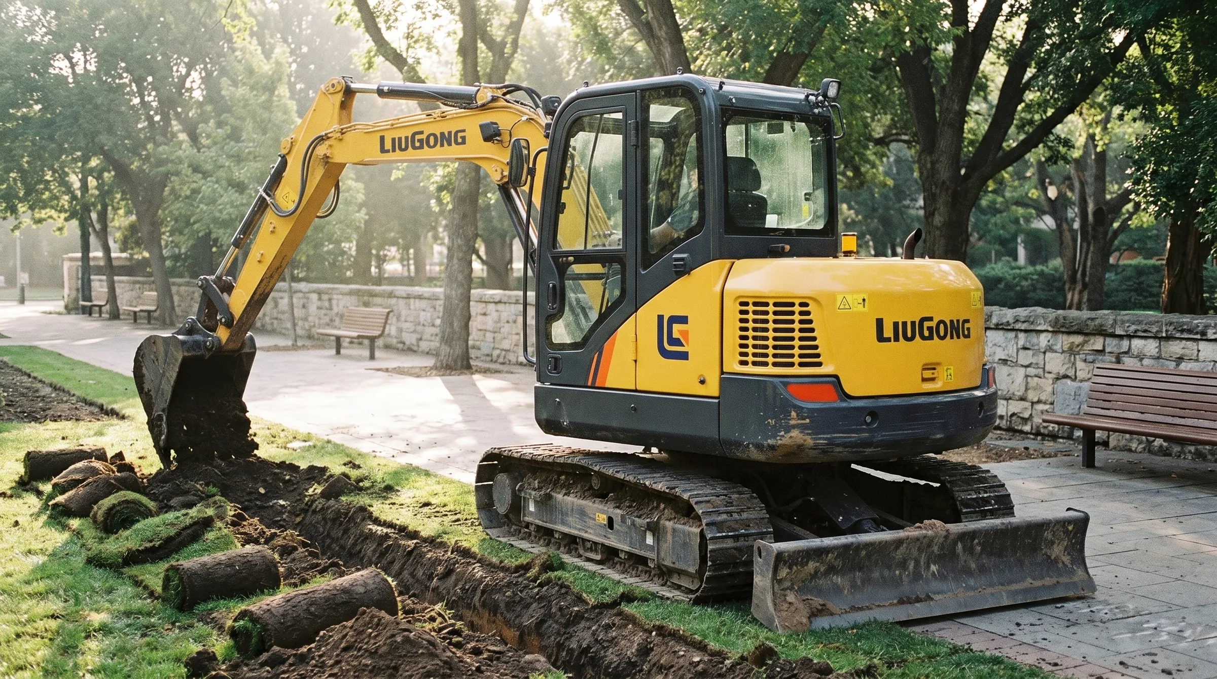 LiuGong 906E compact excavator digging an irrigation trench in a city park