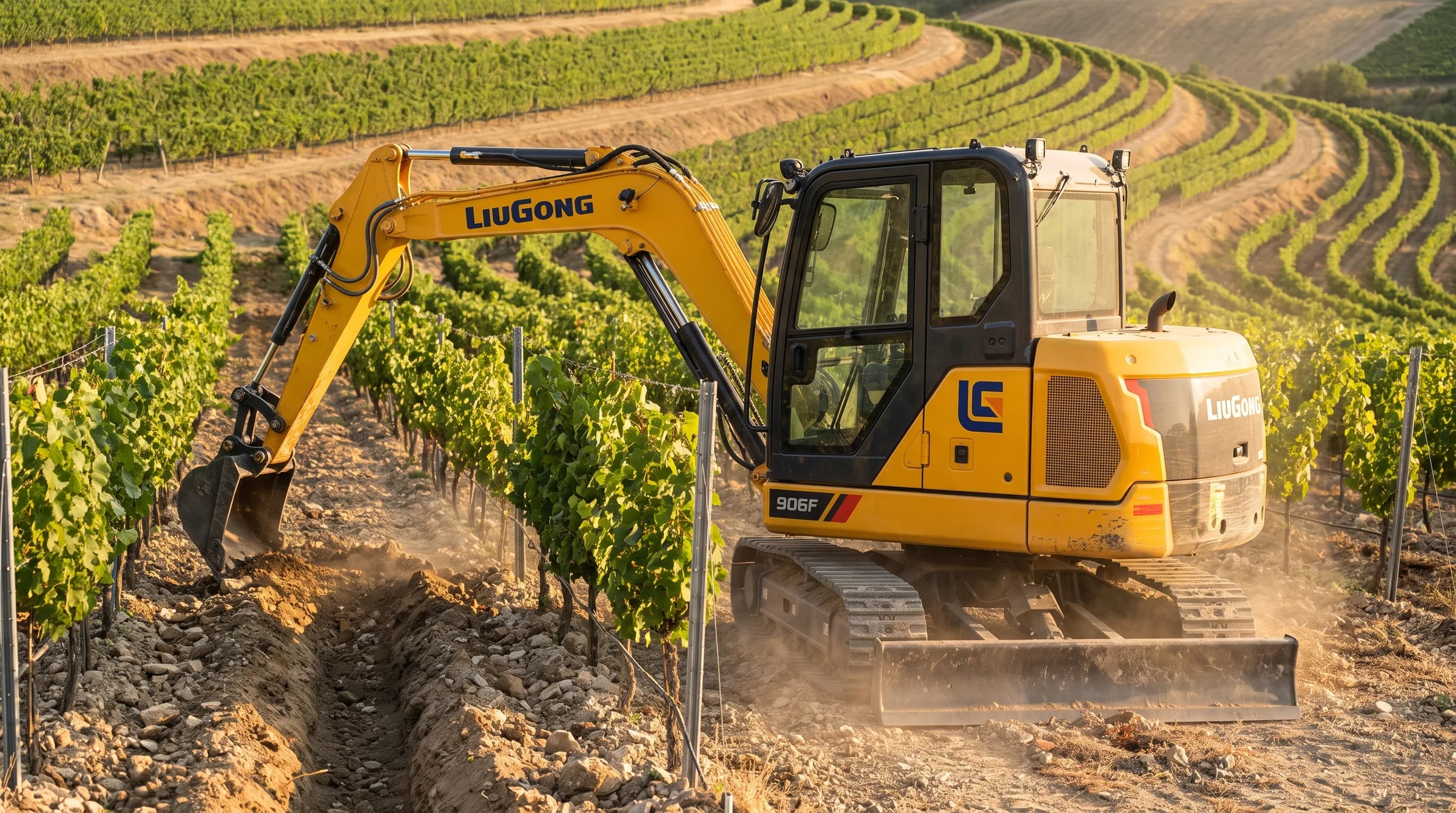 LiuGong 906F compact excavator digging a drip-irrigation trench in a vineyard