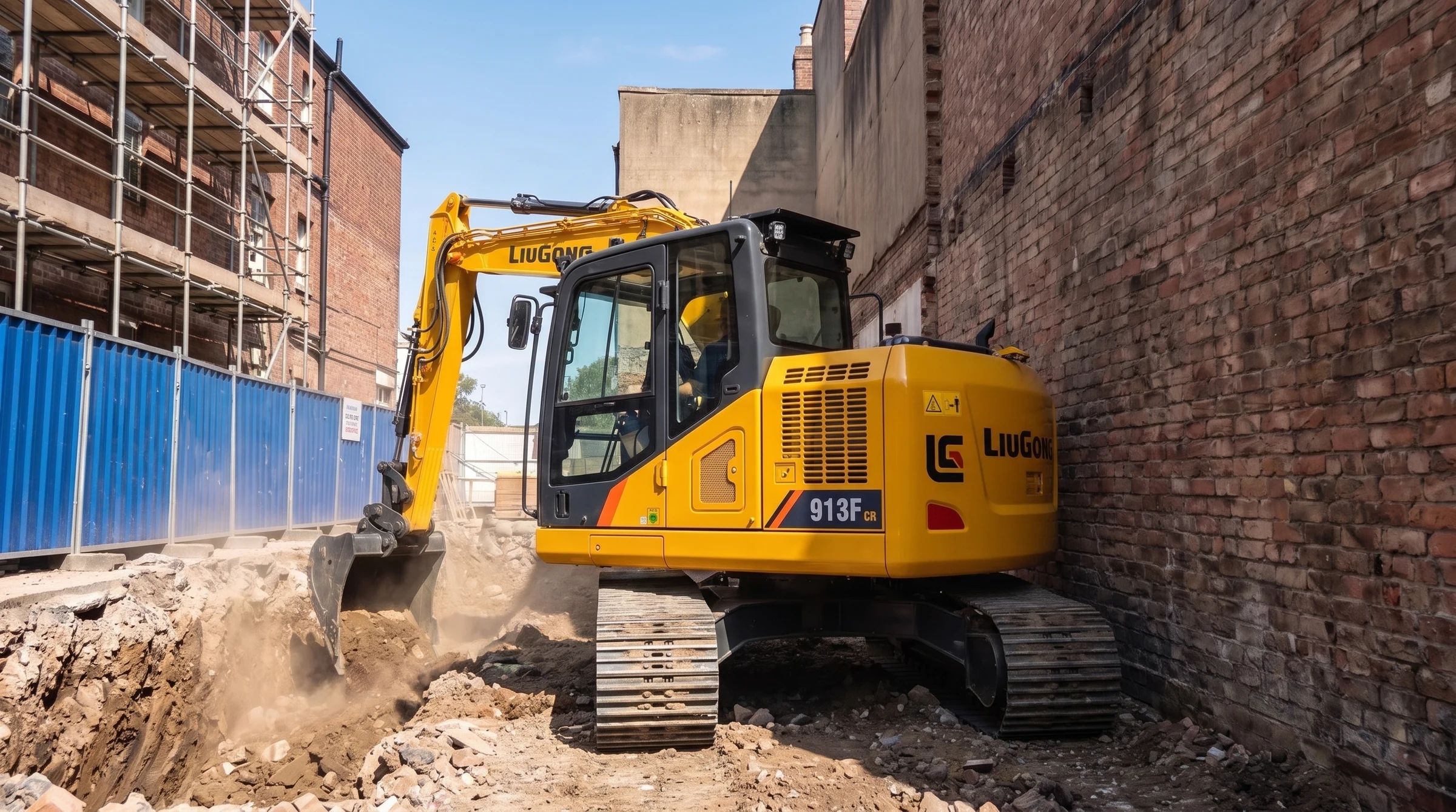 Excavadora LiuGong 913FCR excavando pegada al muro de un edificio vecino