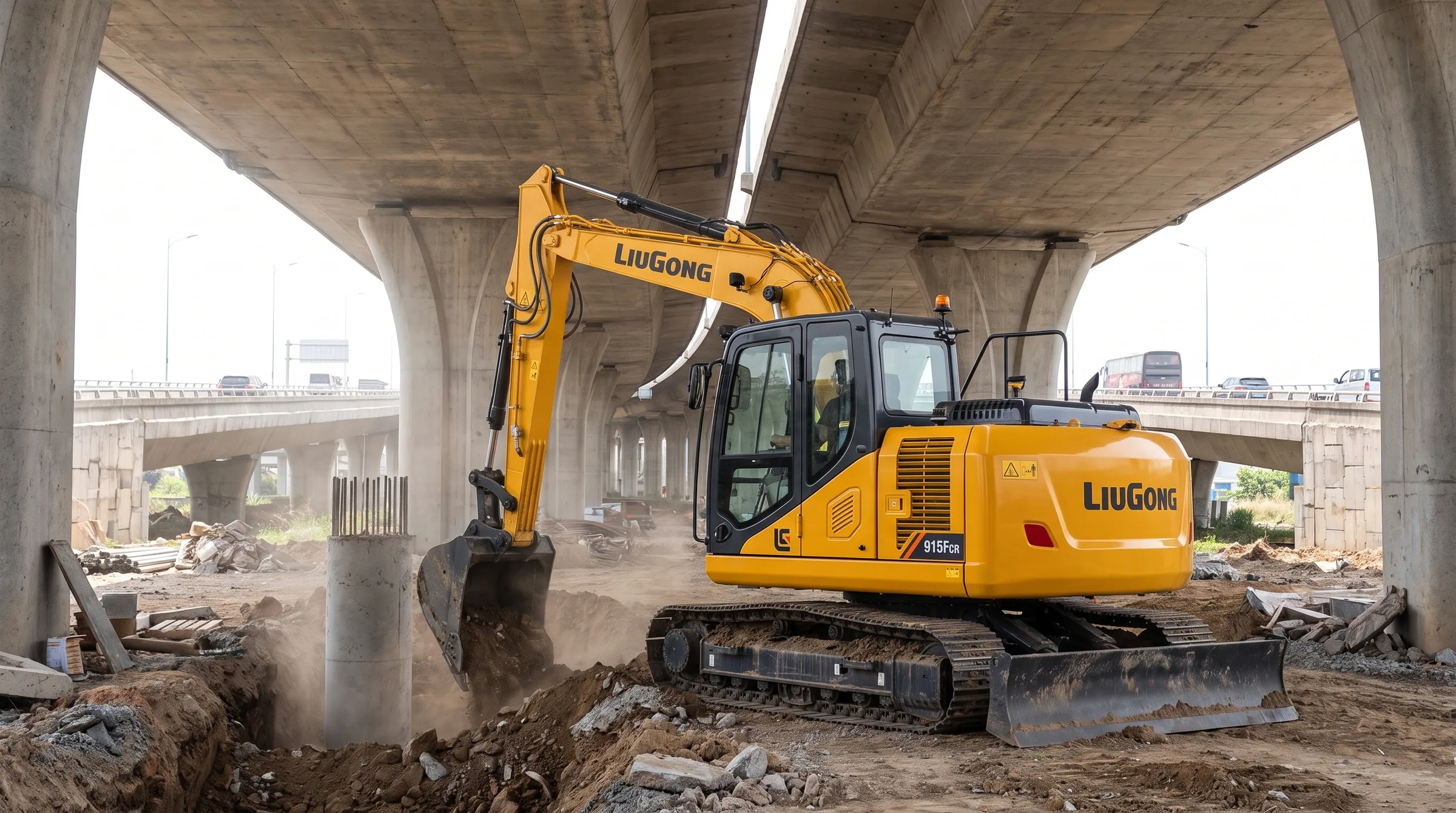 Excavadora LiuGong 915FCR excavando bajo un viaducto urbano