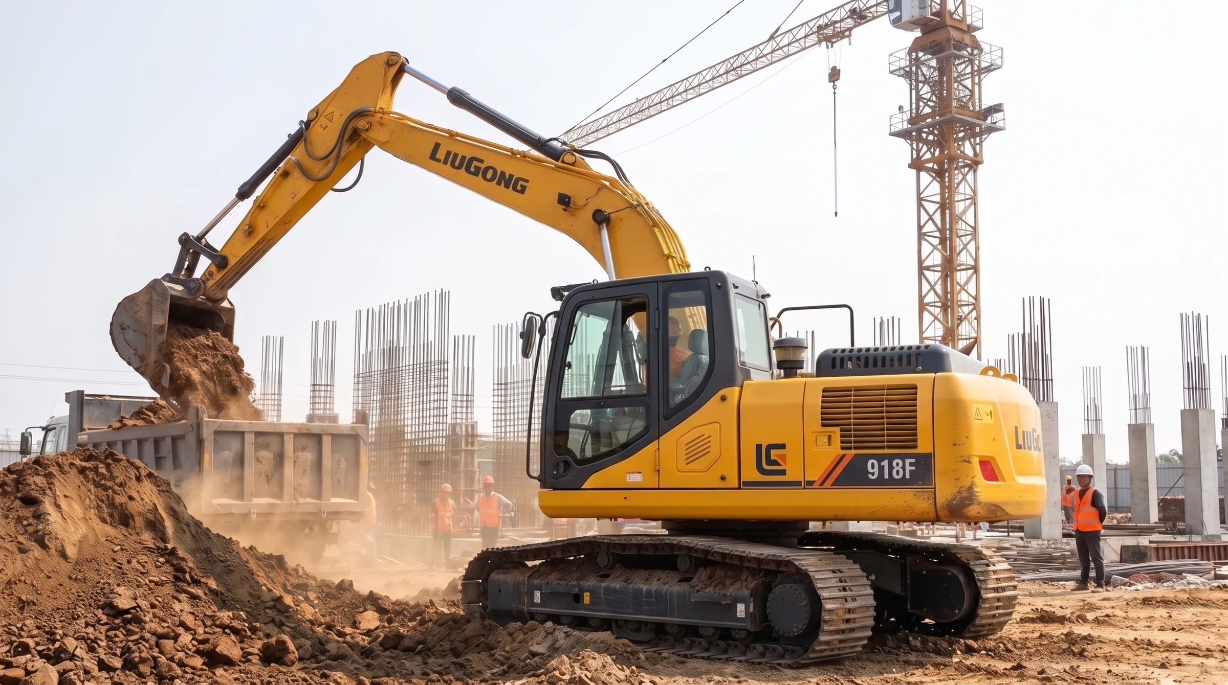 Escavadeira LiuGong 918F carregando um caminhão basculante em obra predial