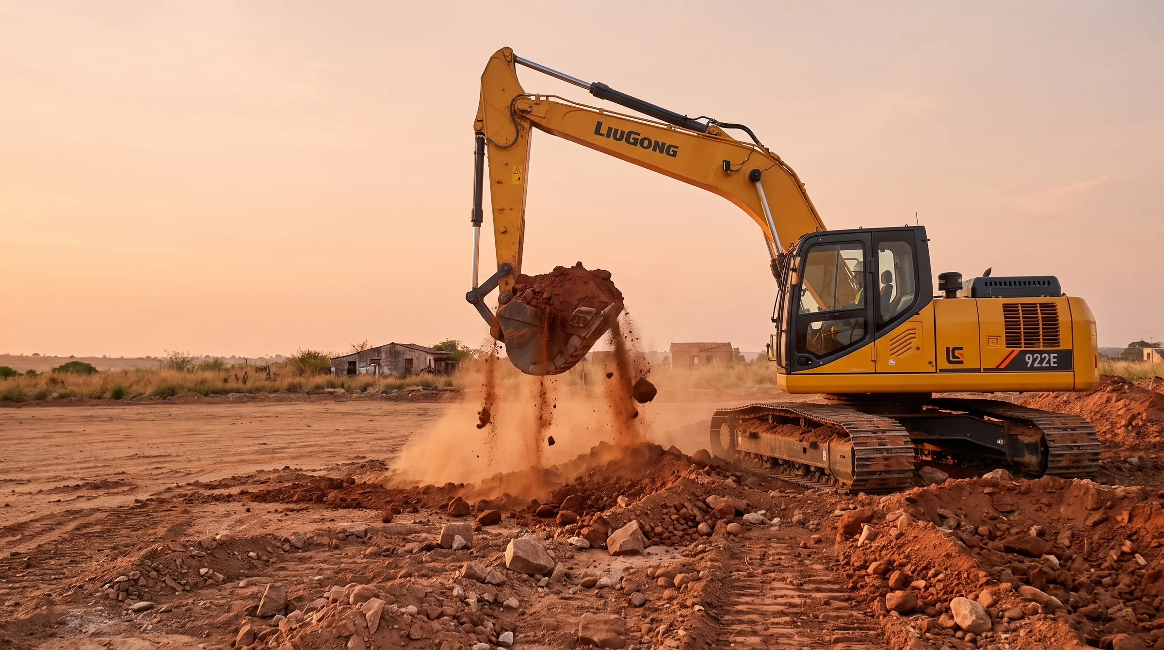 Escavadeira LiuGong 922E erguendo a caçamba cheia de terra em um canteiro ao pôr do sol
