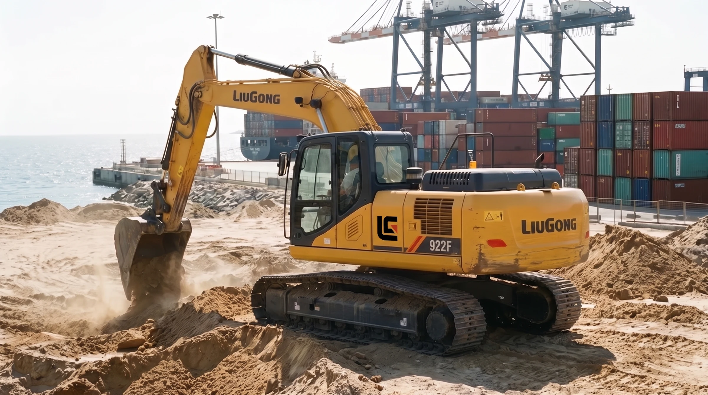 Excavadora LiuGong 922F excavando fundaciones en un puerto con contenedores