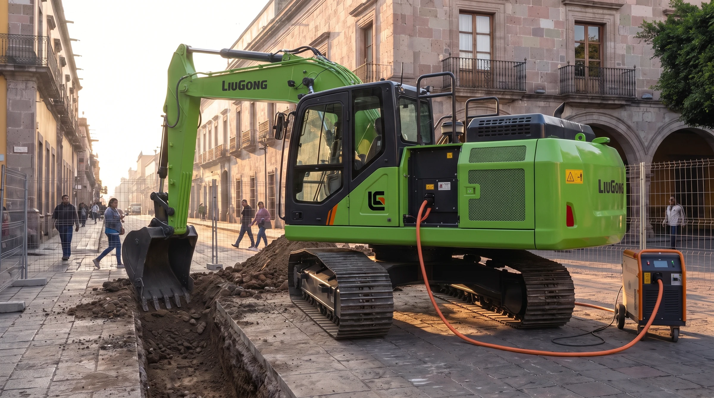 Excavadora eléctrica LiuGong 922FE trabajando en una plaza del centro histórico