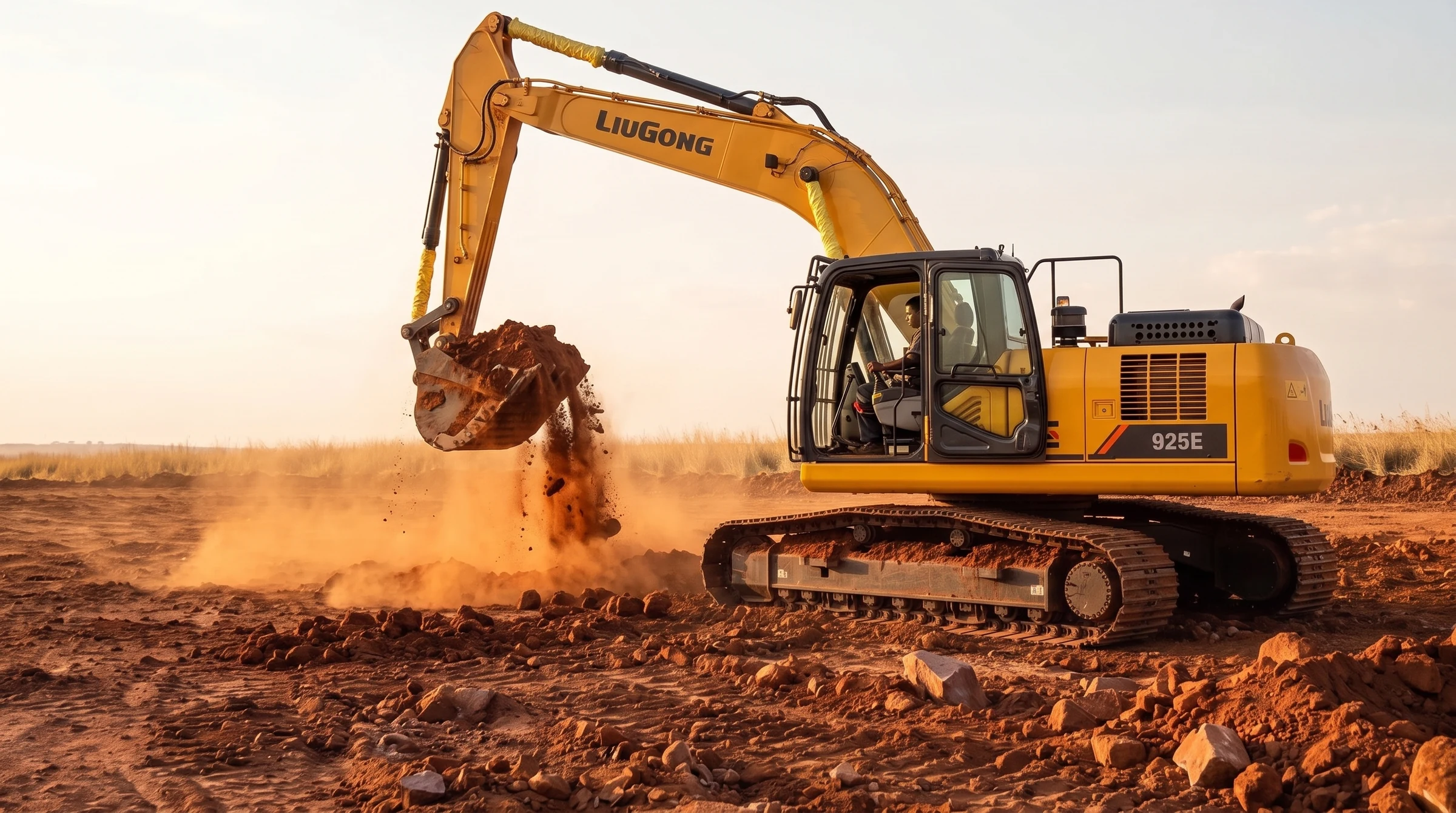 Escavadeira LiuGong 925E erguendo a caçamba cheia de terra em um canteiro ao pôr do sol