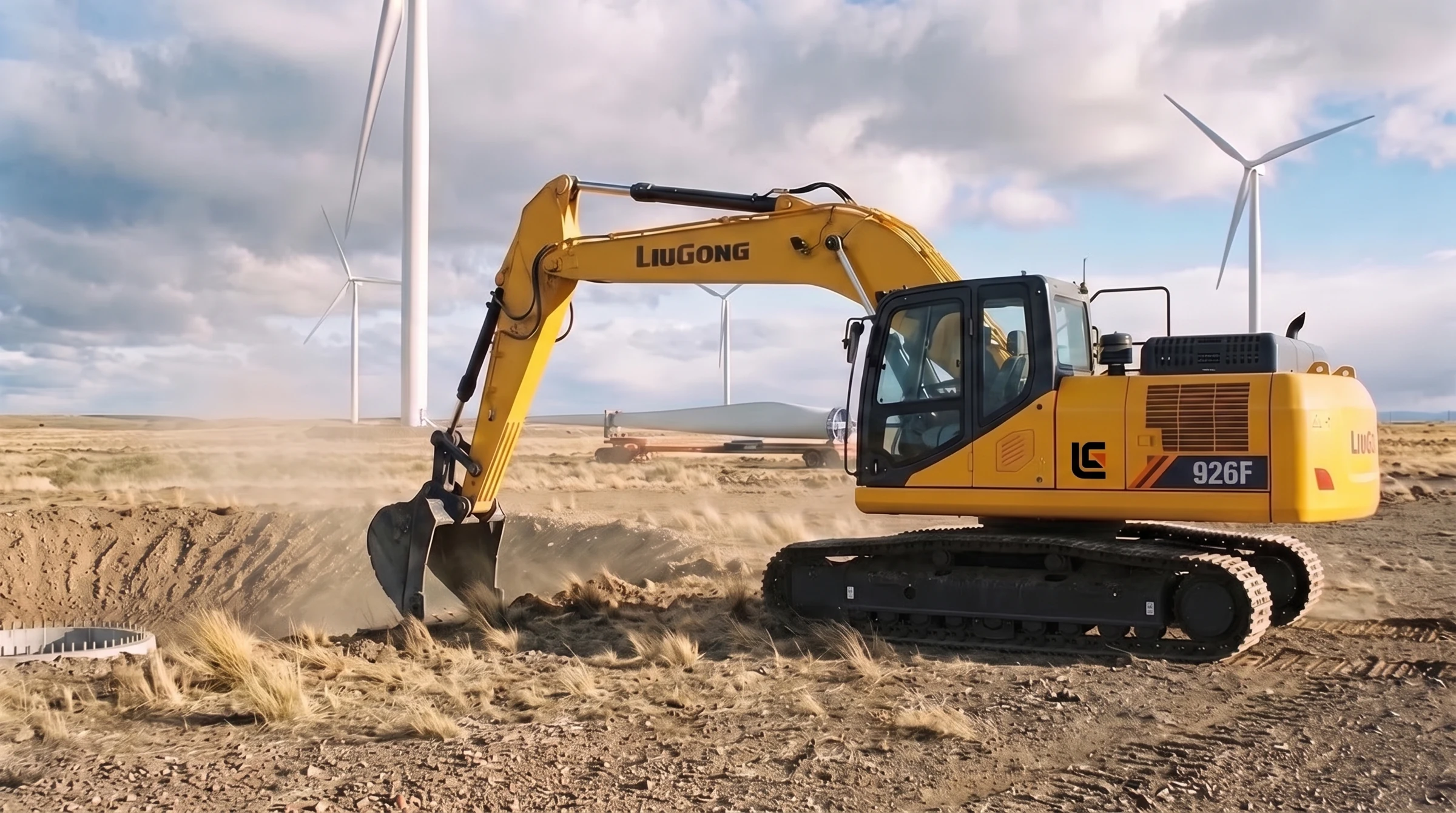 Excavadora LiuGong 926F excavando la fundación de un aerogenerador en la estepa