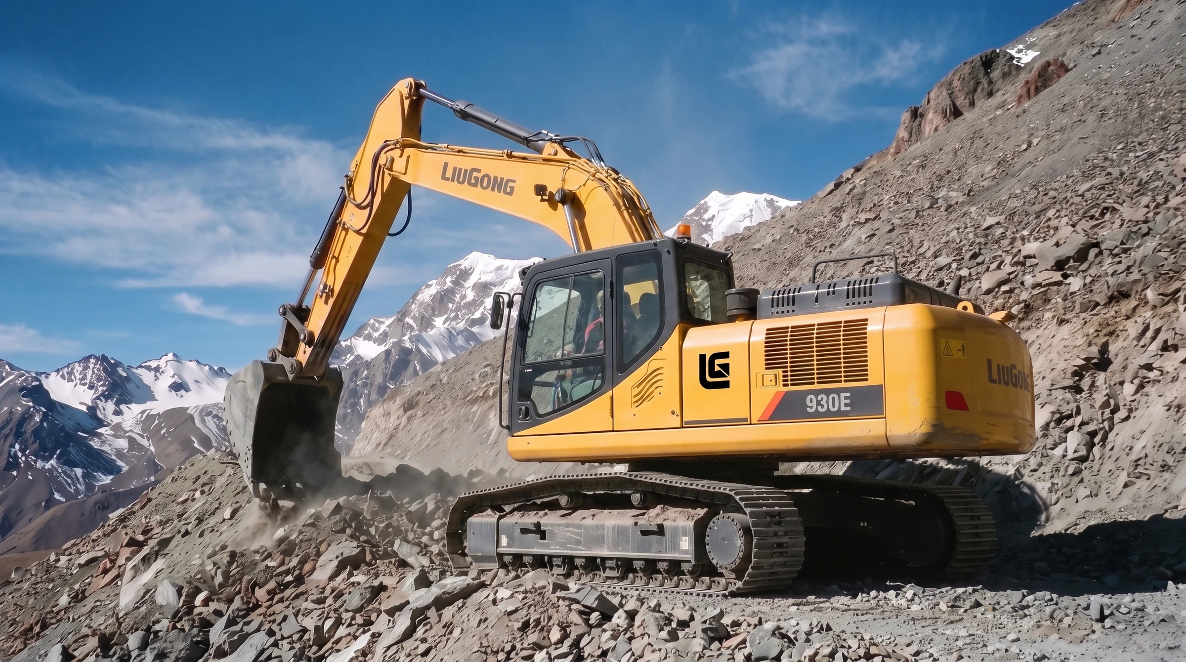 LiuGong 930E excavator widening a high-altitude haul road in the Andes