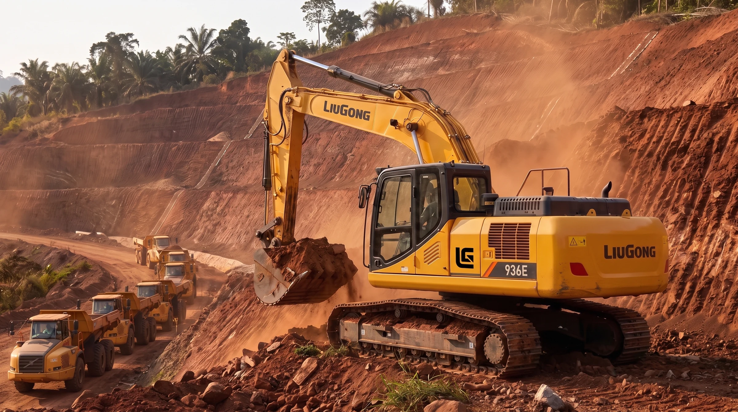 Escavadeira LiuGong 936E cortando talude de rodovia em solo vermelho