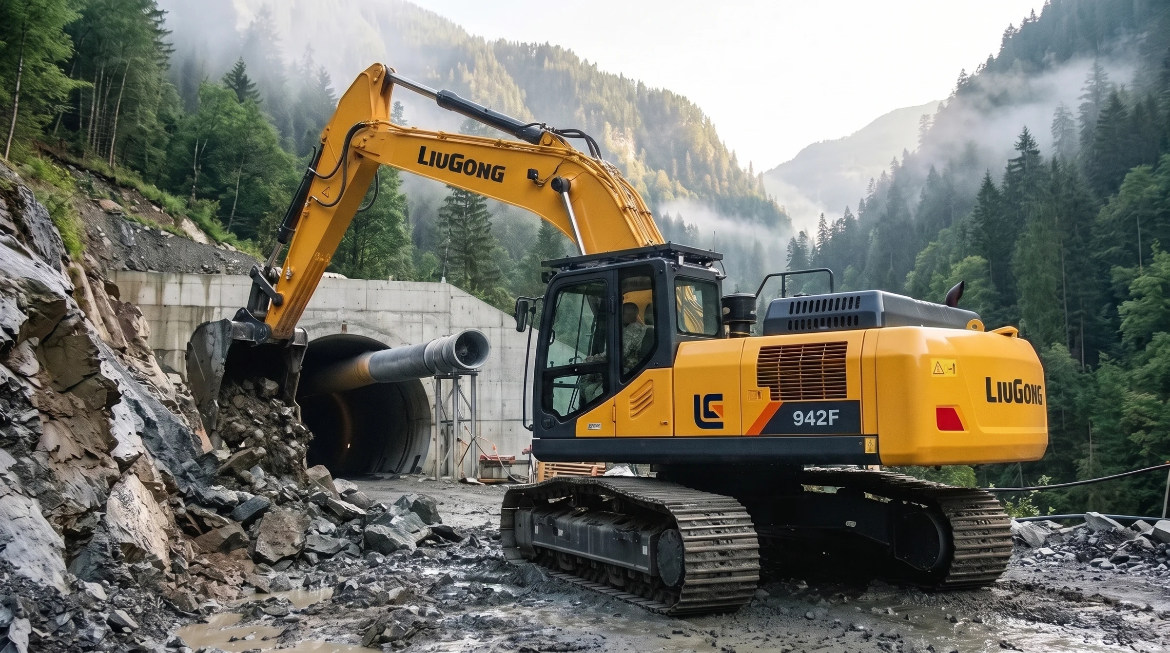 Excavadora LiuGong 942F retirando roca en el portal de un túnel hidroeléctrico