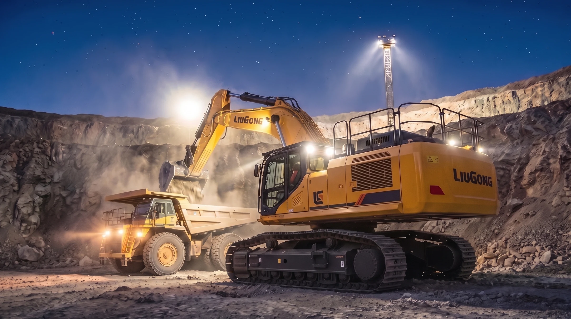 Excavadora de minería LiuGong 975E cargando un camión en el turno de noche