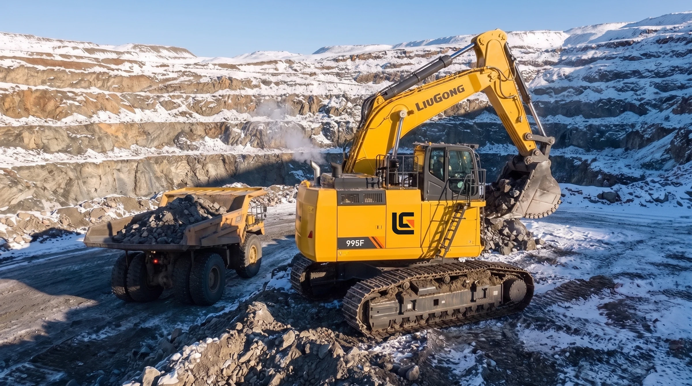 Excavadora de minería LiuGong 995F cargando un camión en una mina con nieve