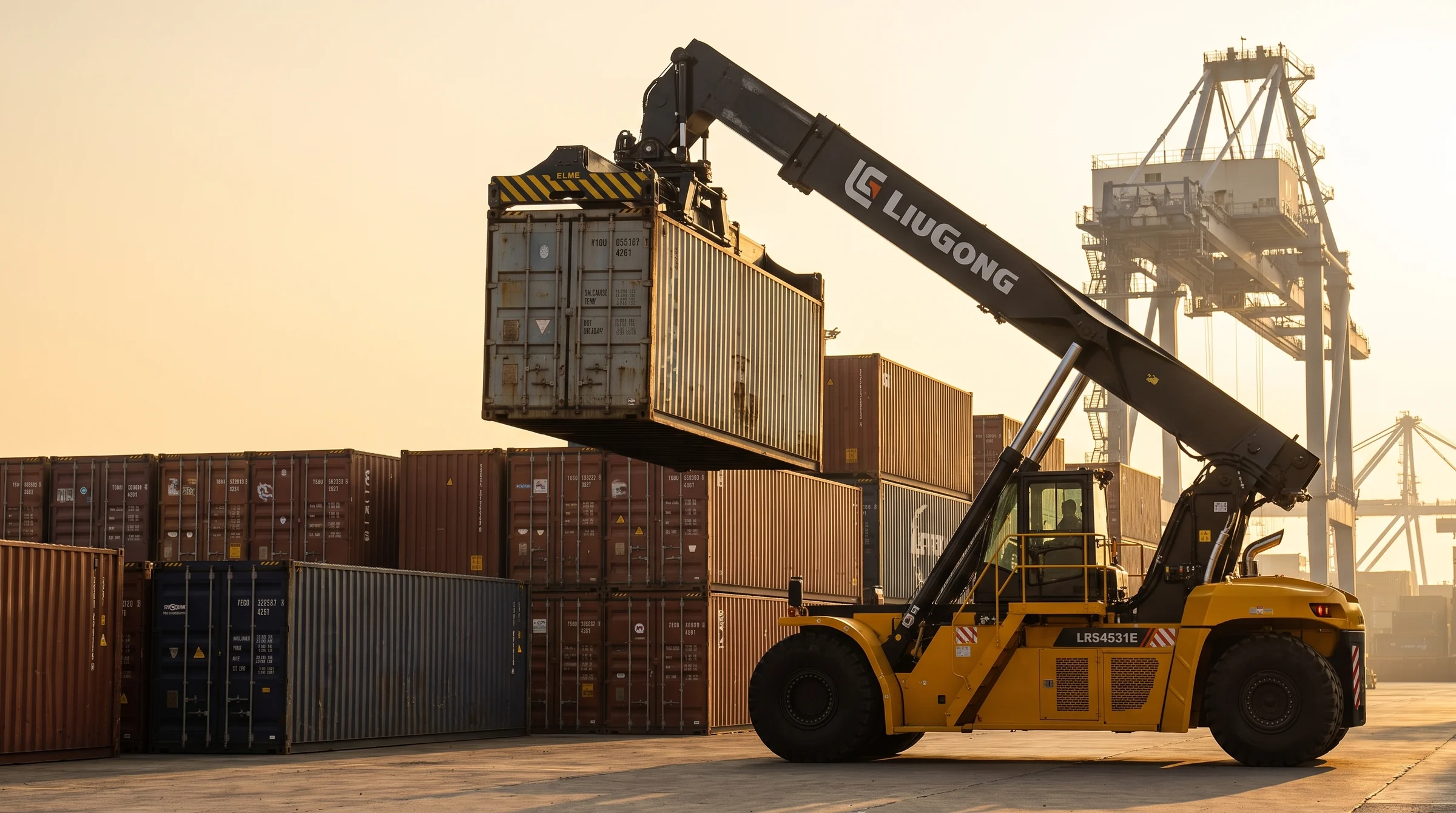 Reach stacker LiuGong LRS4531E erguendo um contêiner em terminal portuário ao pôr do sol