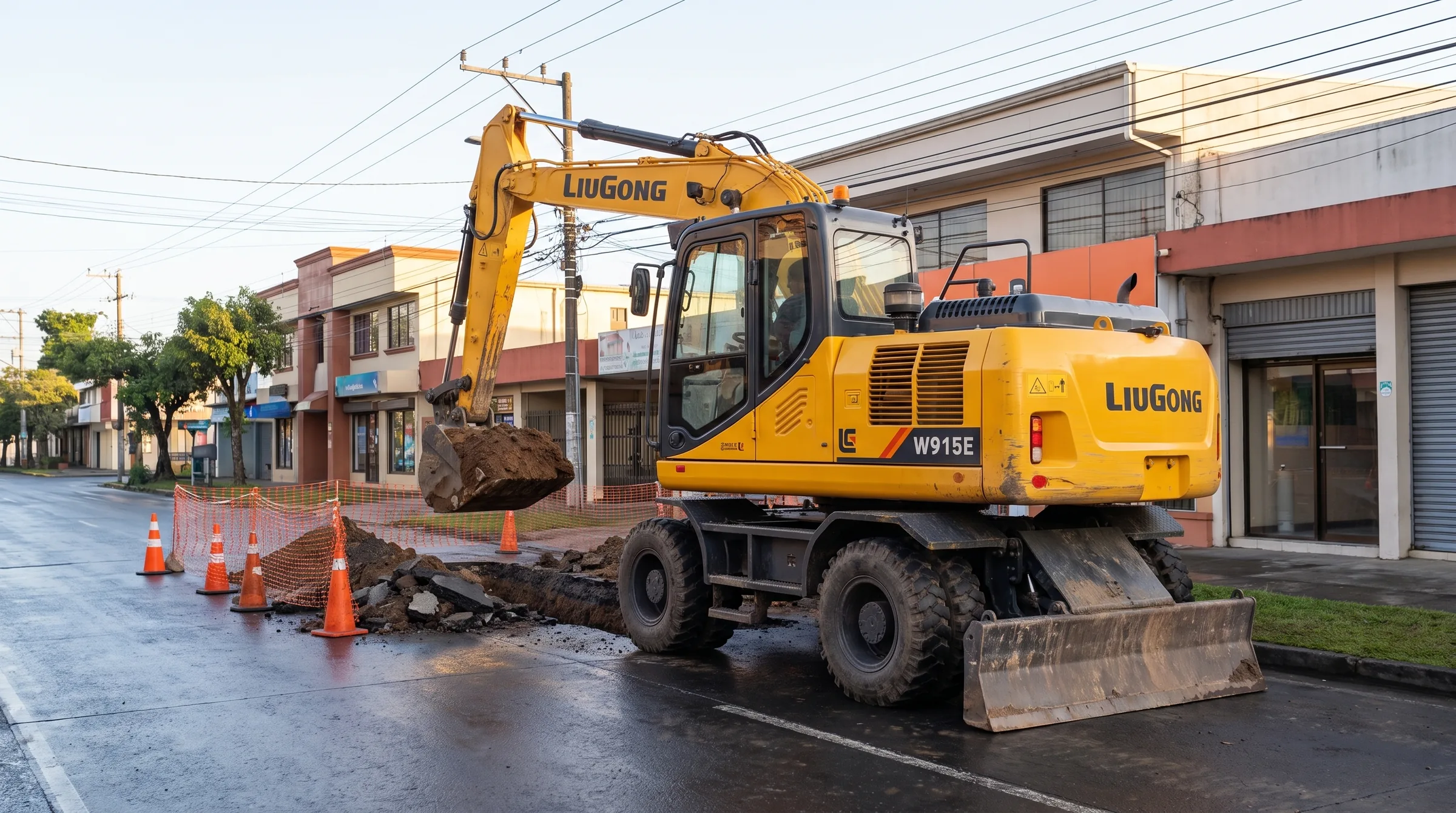 Escavadeira de rodas LiuGong W915E abrindo uma vala de água em avenida da cidade